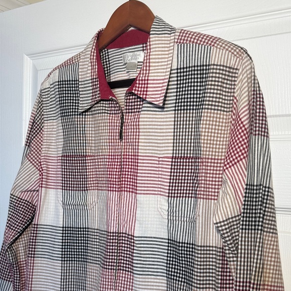 Red, Black and White Plaid Zip Up Collard Cottagecore 100% Cotton Jacket - Picture 2 of 14
